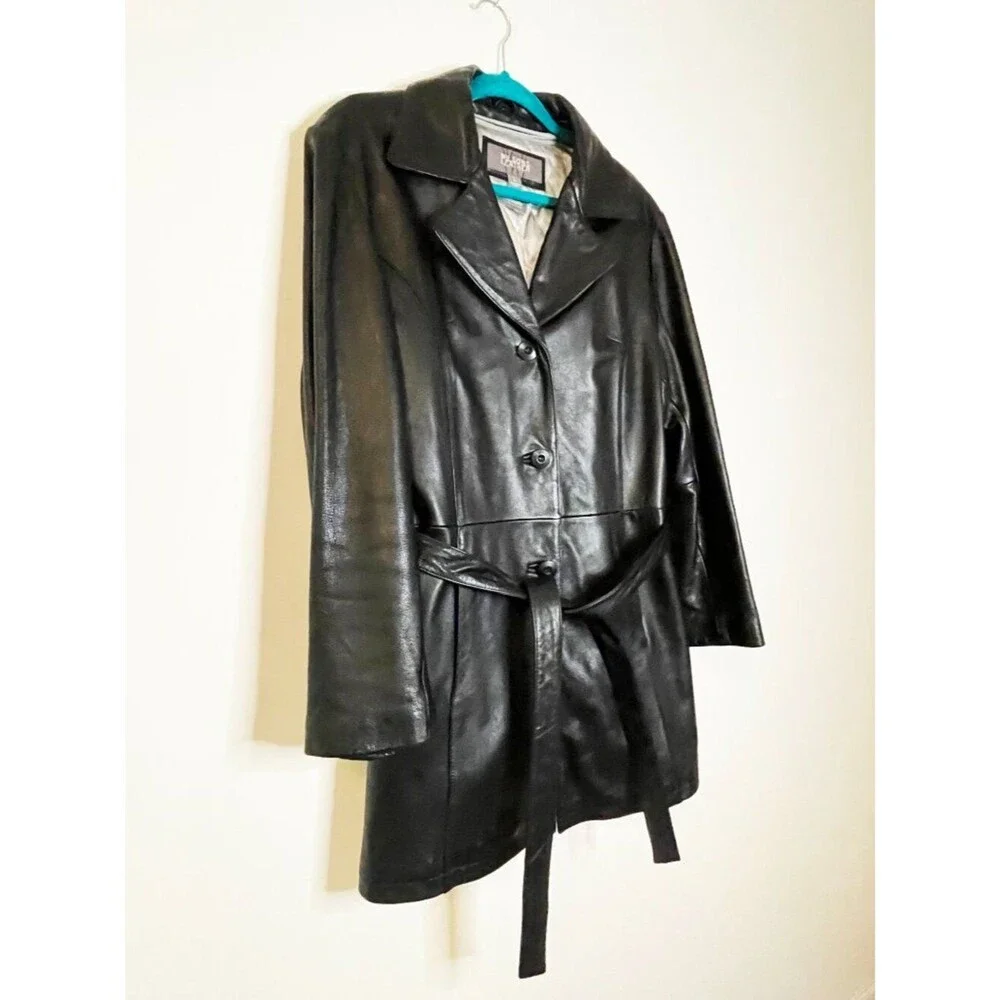 Wilsons Leather Black Genuine Leather Belted Coat Jacket Women’s L Thinsulate